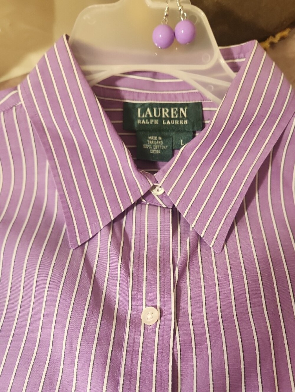 Lauren Ralph Lauren Purple and White Striped Button-Down Shirt - Picture 3 of 12